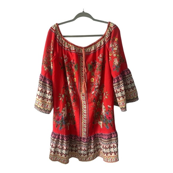 Umgee Red Boho Off Shoulder Mini Shift Dress, Large - Picture 2 of 7